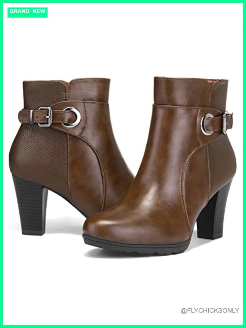 Women's Chunky Stacked Heel Ankle Boots Faux Leather Side Zipper Buckle Booties